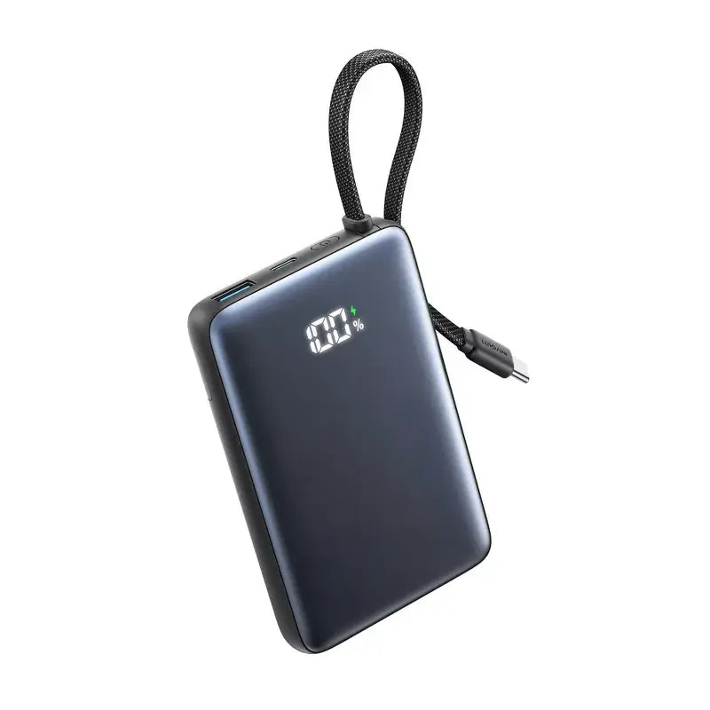 Slim Portable Power Station with Integrated Braided USB-C Lanyard and Digital Display