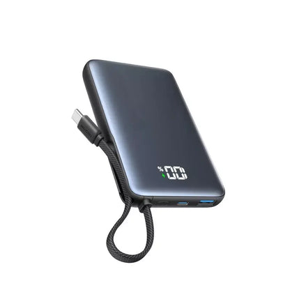Slim Portable Power Station with Integrated Braided USB-C Lanyard and Digital Display